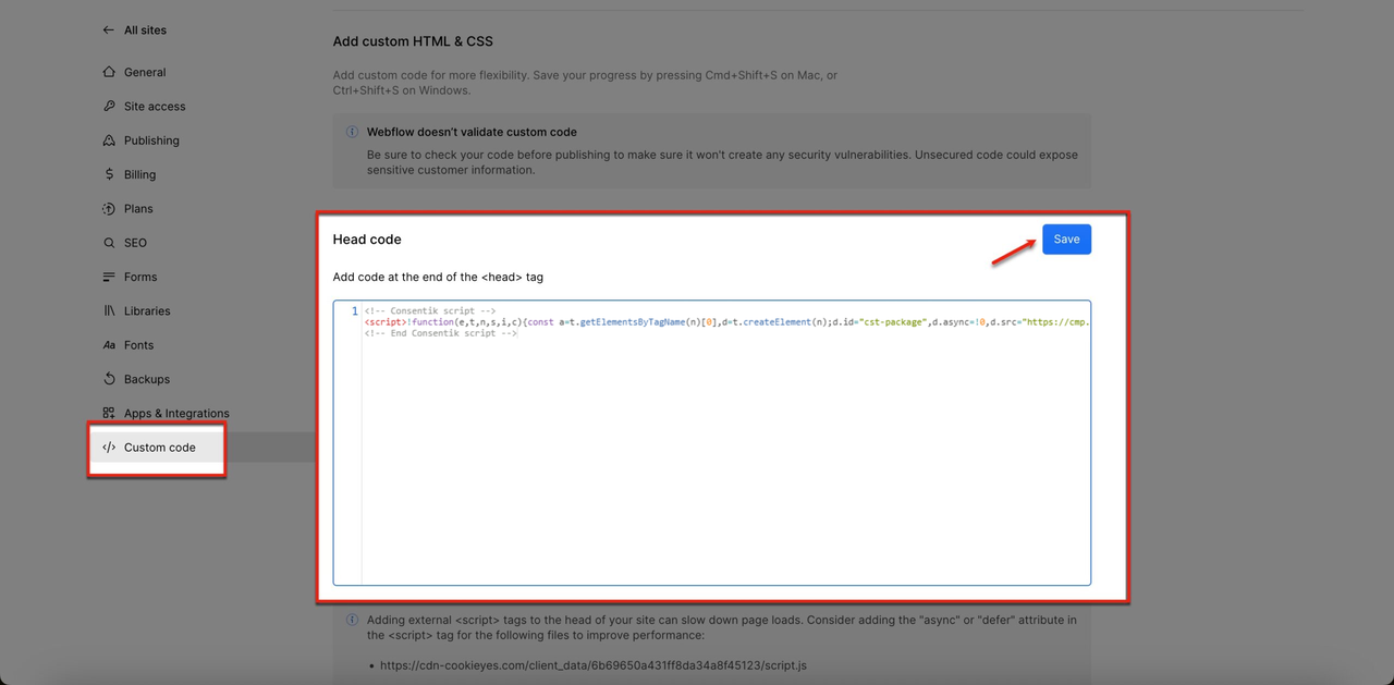 Webflow setting on Consentik - Save