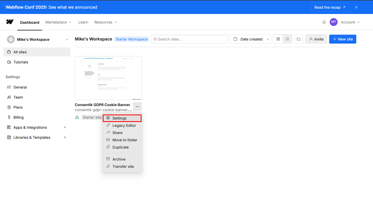 Webflow setting on Consentik