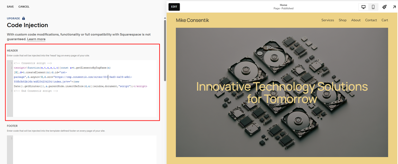 squarespace setting Code Injection code