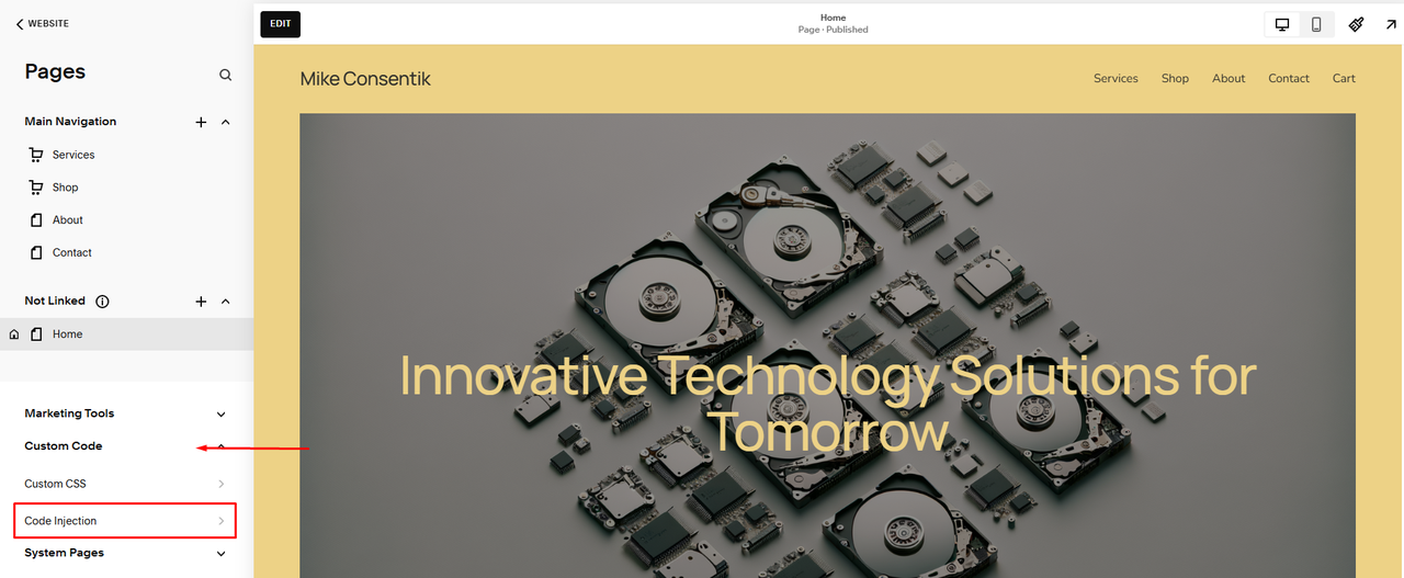squarespace setting Code Injection