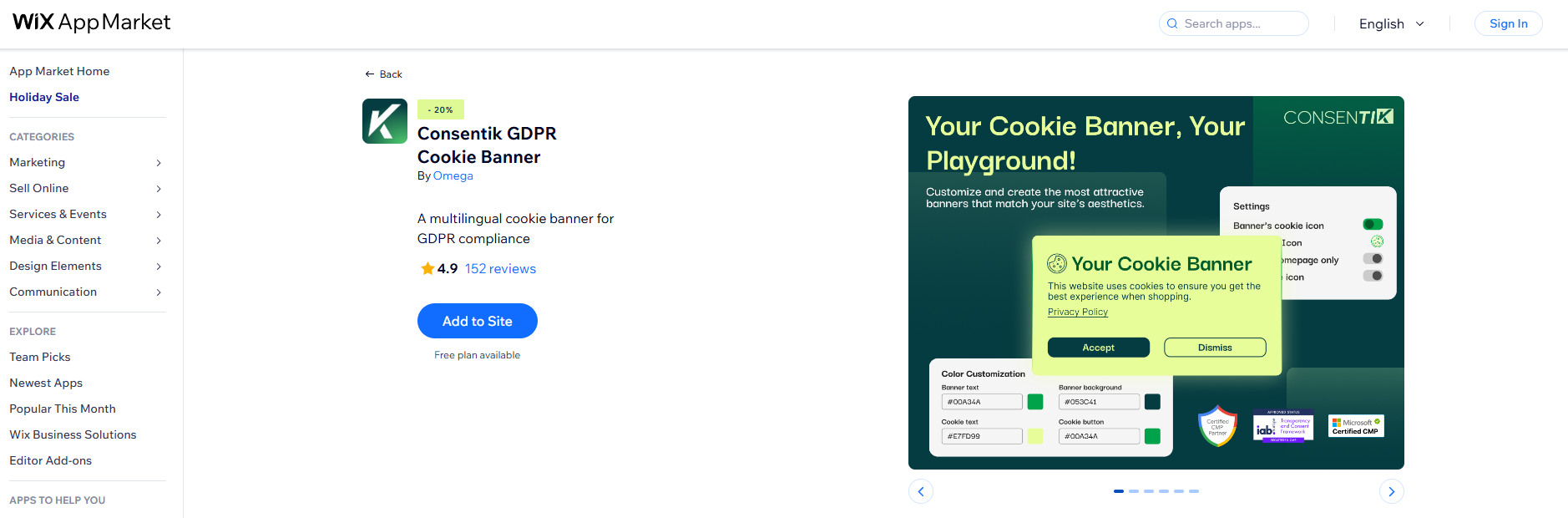 wix Consentik GDPR Cookie Banner