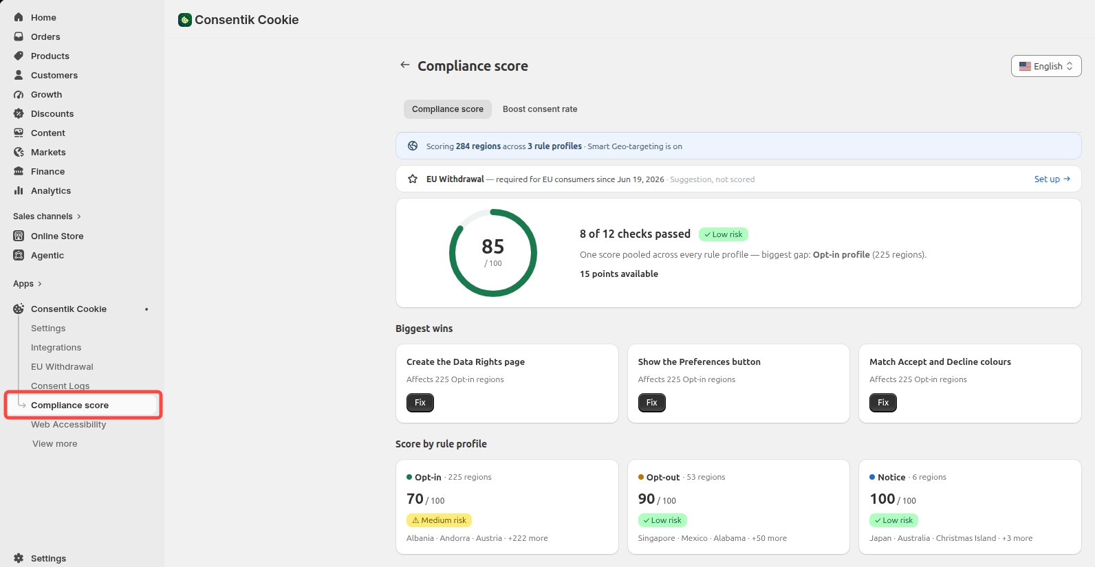 Compliance score item in the sidebar