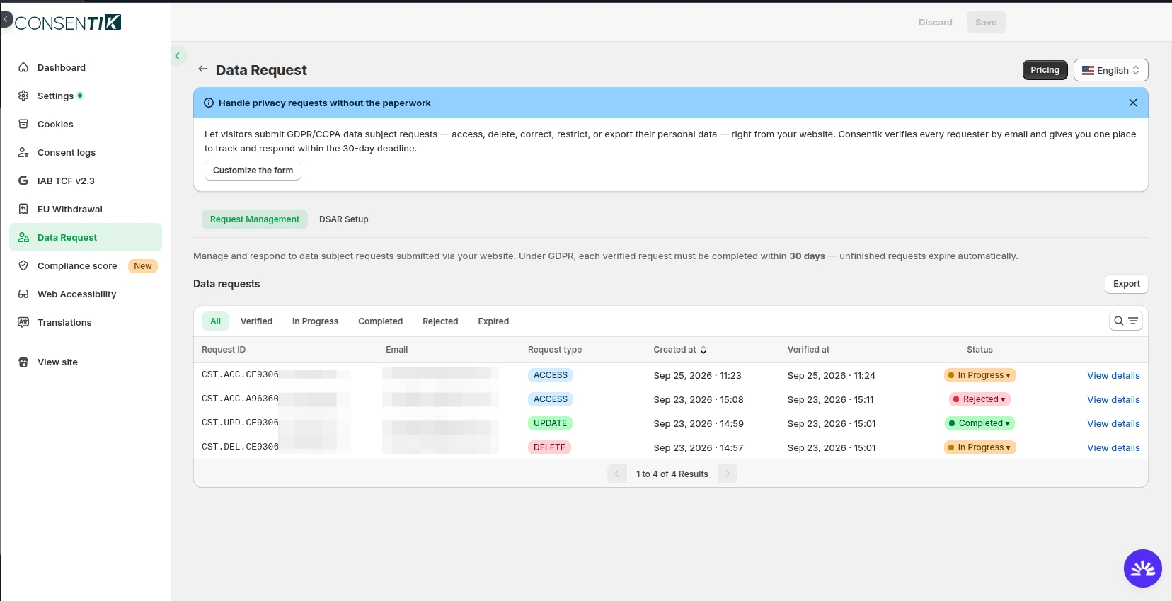 Data Request Management in Consentik