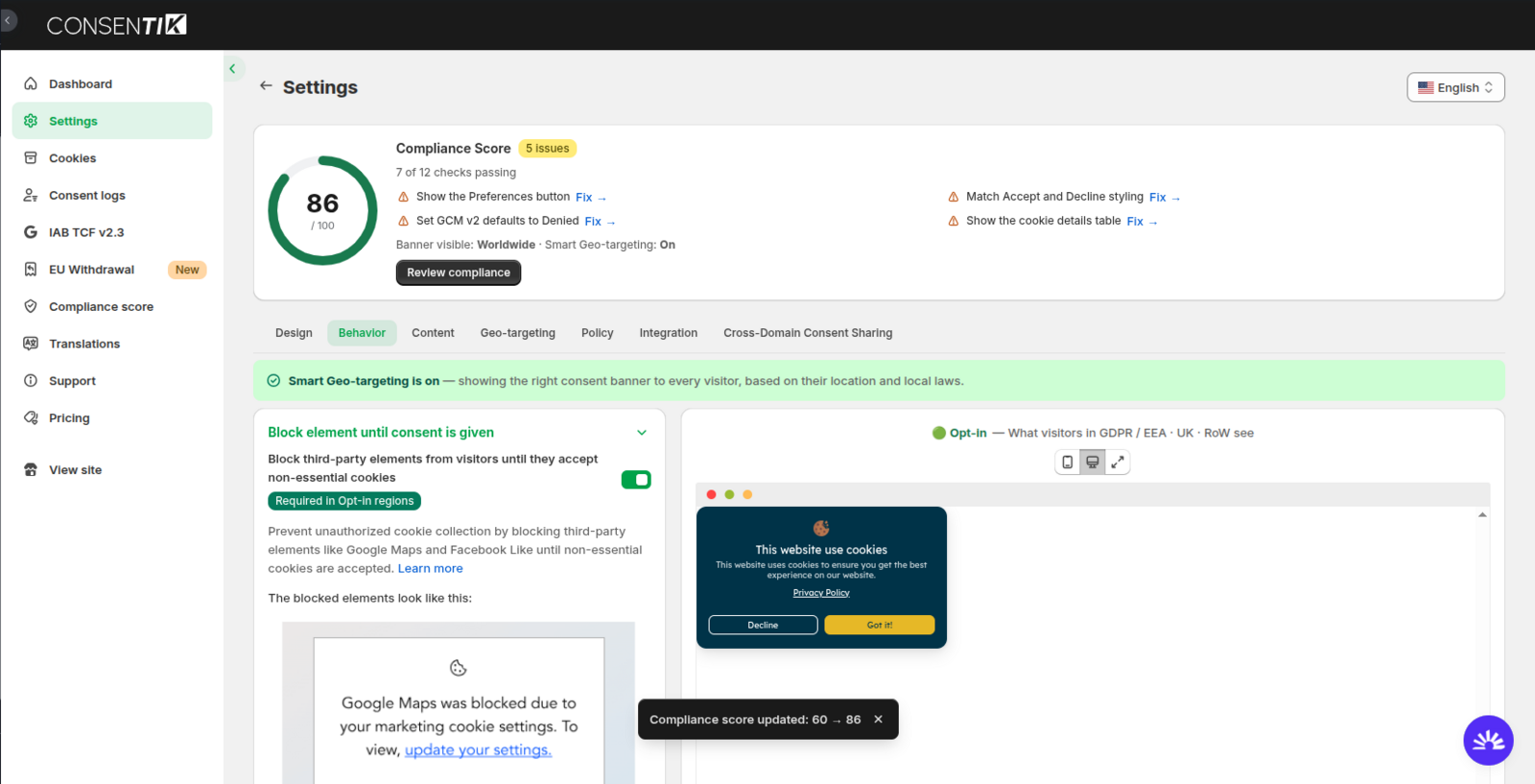 Your score on Dashboard and Settings